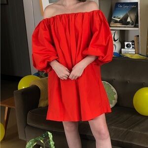 & Other Stories Voluminous Sleeves Off the Shoulder Bright Red Mini Dress